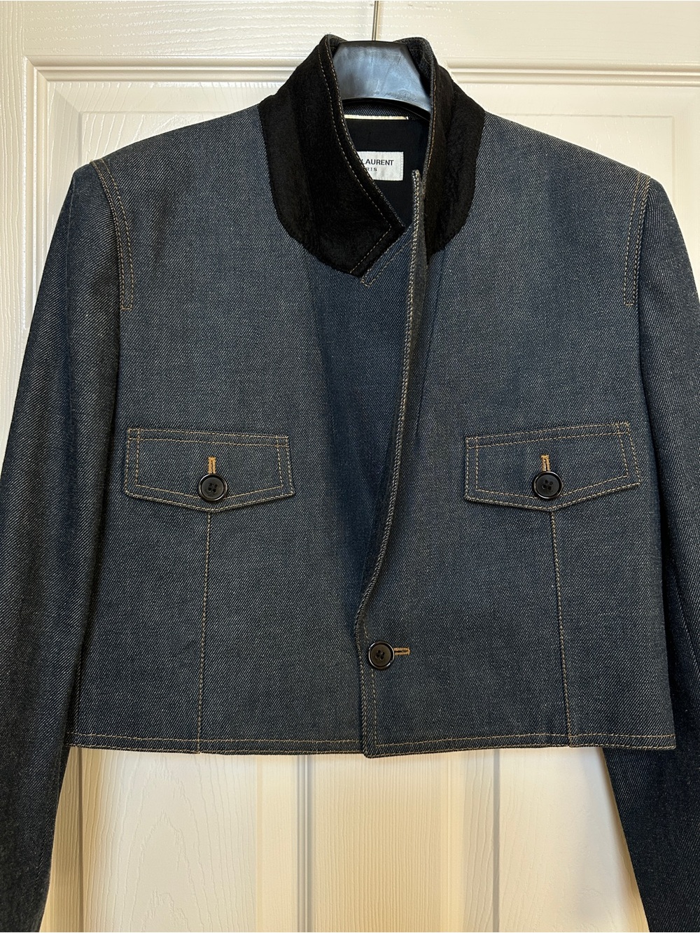 Saint Laurent Dark Blue Cropped Denim Blazer - Picture 7 of 16
